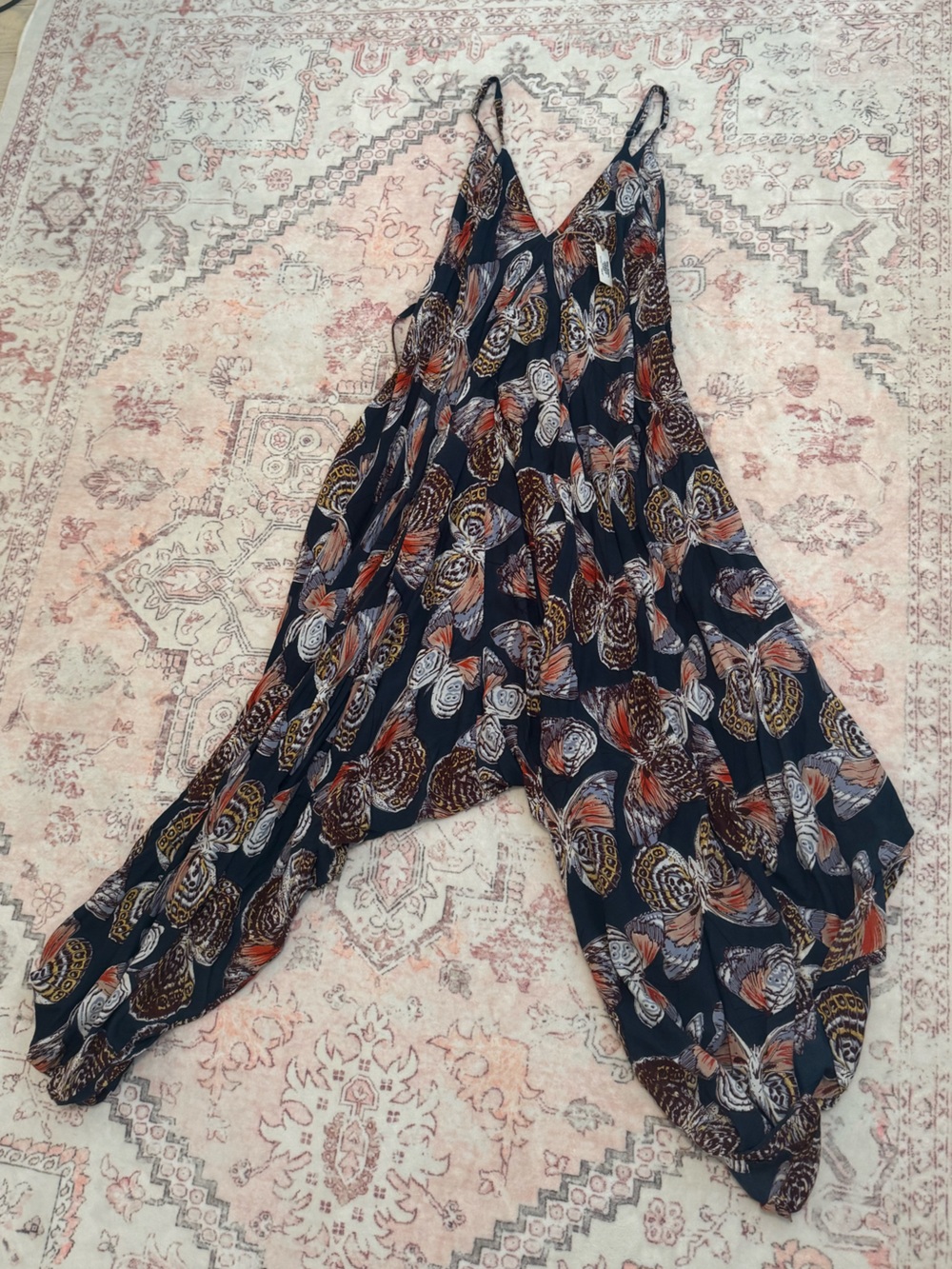 Cost Plus World Market Navy Printed Harem Jumpsuit with Rust and Cream Accents